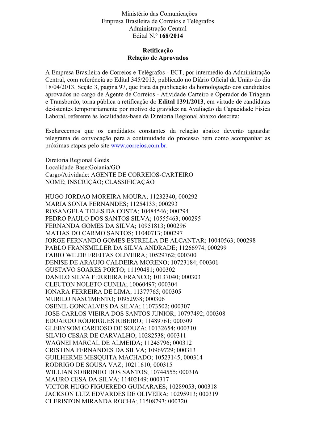 Ministério Das Comunicações Empresa Brasileira De Correios E Telégrafos Administração Central Edital N.º 168/2014