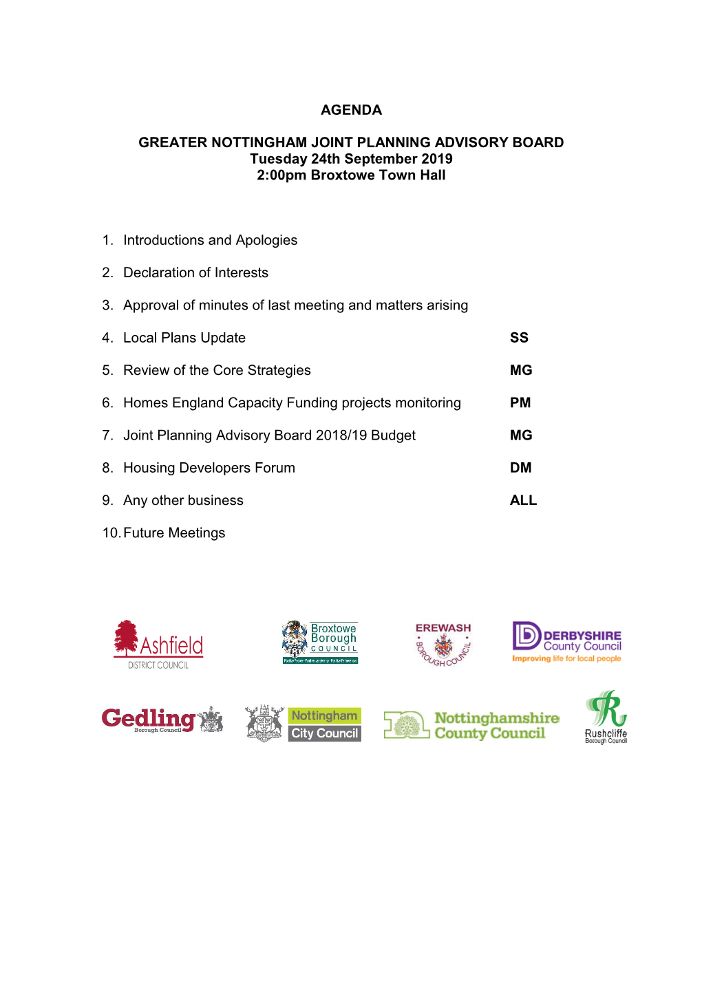 AGENDA GREATER NOTTINGHAM JOINT PLANNING ADVISORY BOARD Tuesday 24Th September 2019 2:00Pm Broxtowe Town Hall 1. Introductions A