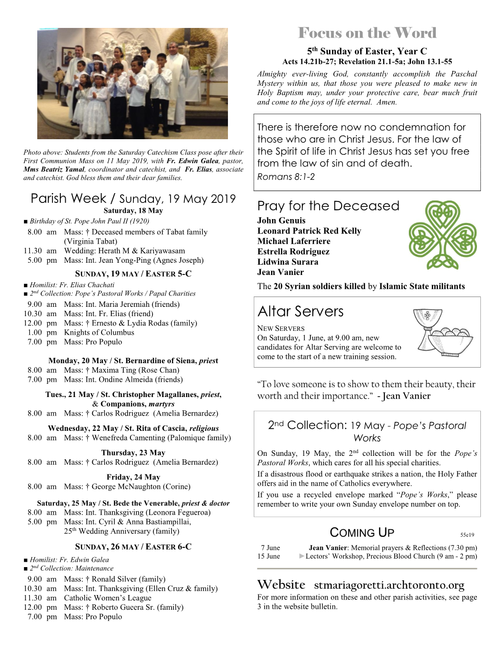 Parish Week / Sunday, 19 May 2019 Saturday, 18 May Pray for the Deceased