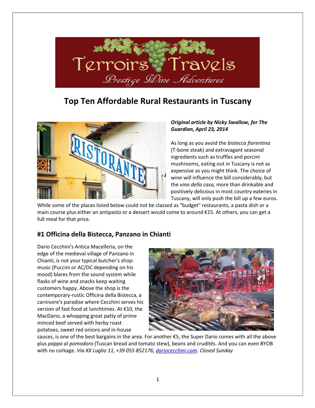 Top Ten Affordable Rural Restaurants in Tuscany