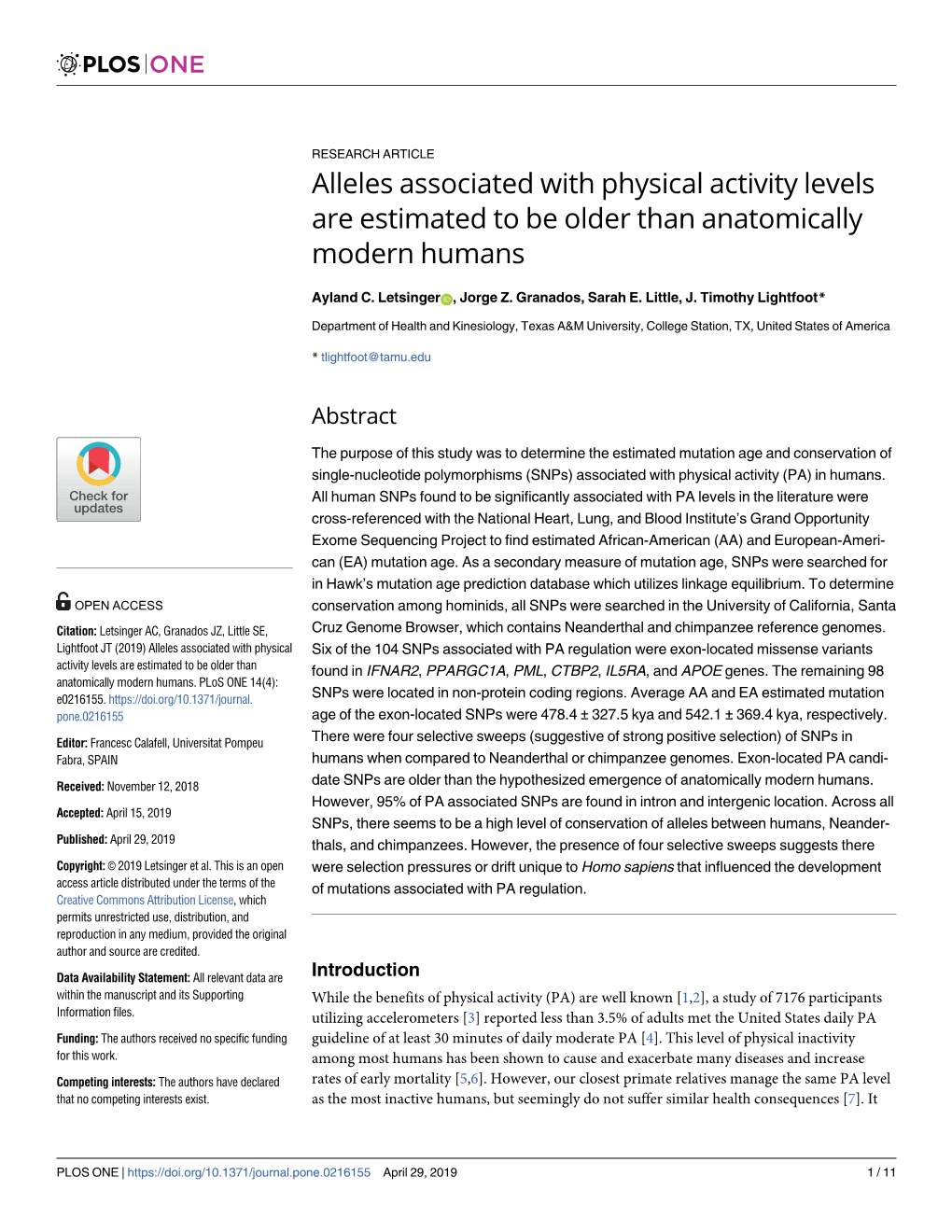 Alleles Associated with Physical Activity Levels Are Estimated to Be Older Than Anatomically Modern Humans