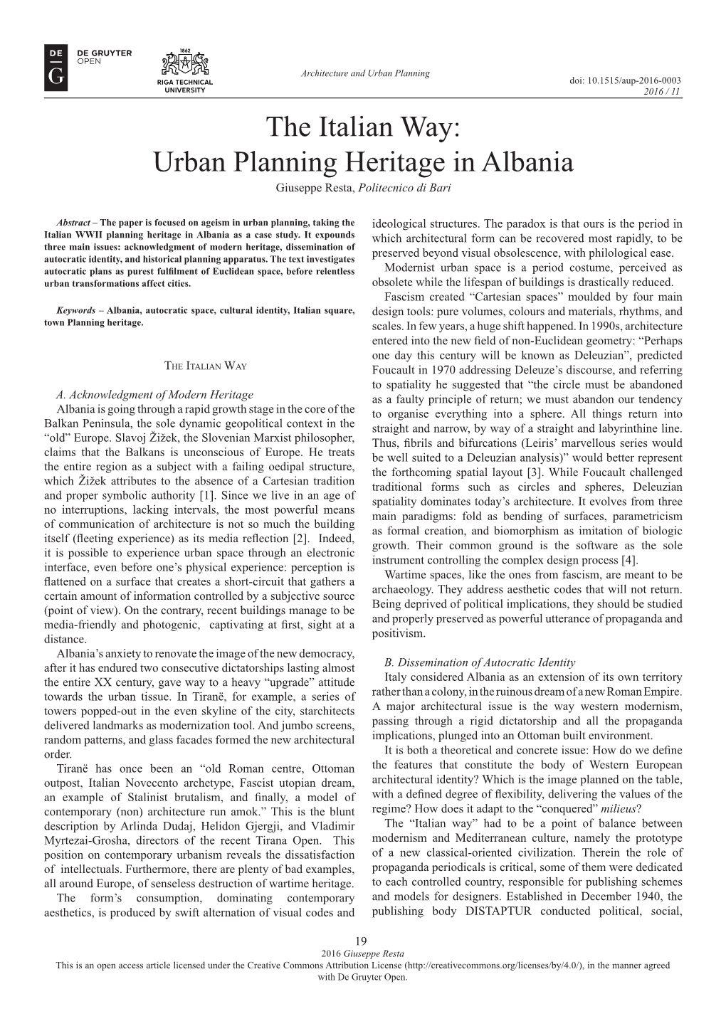 Urban Planning Heritage in Albania Giuseppe Resta, Politecnico Di Bari