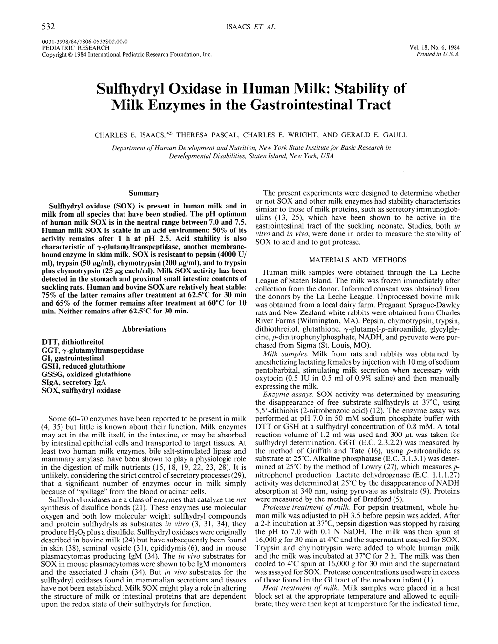 Sulfhydryl Oxidase in Human Milk: Stability of Milk Enzymes in the Gastrointestinal Tract