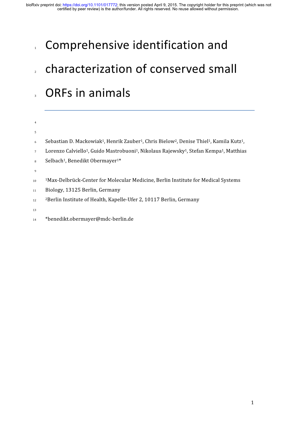 Comprehensive Identification and Characterization of Conserved Small