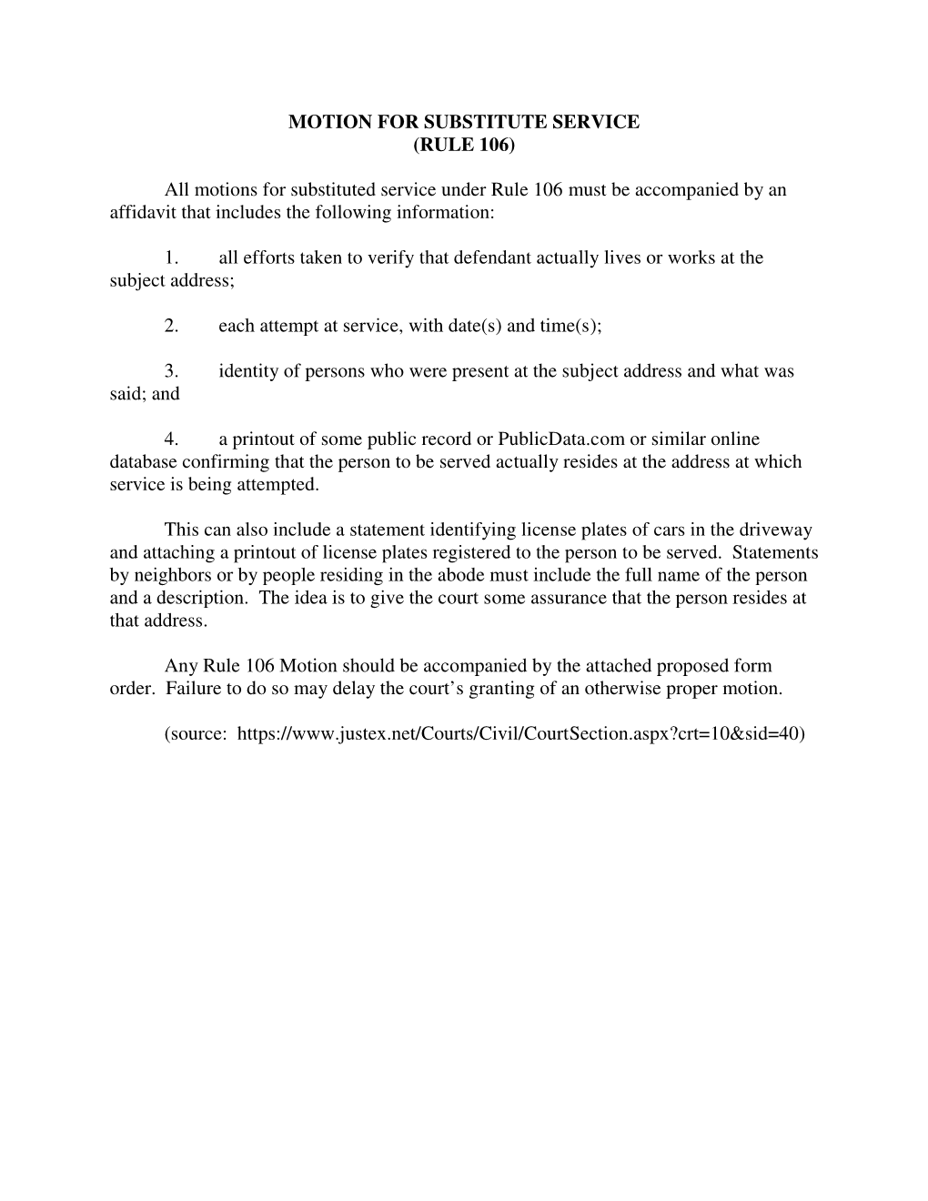 Motion for Rule 106 Substitute Service & Proposed Order