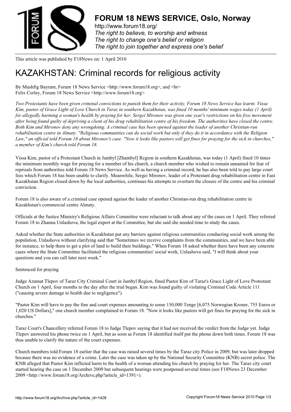 KAZAKHSTAN: Criminal Records for Religious Activity