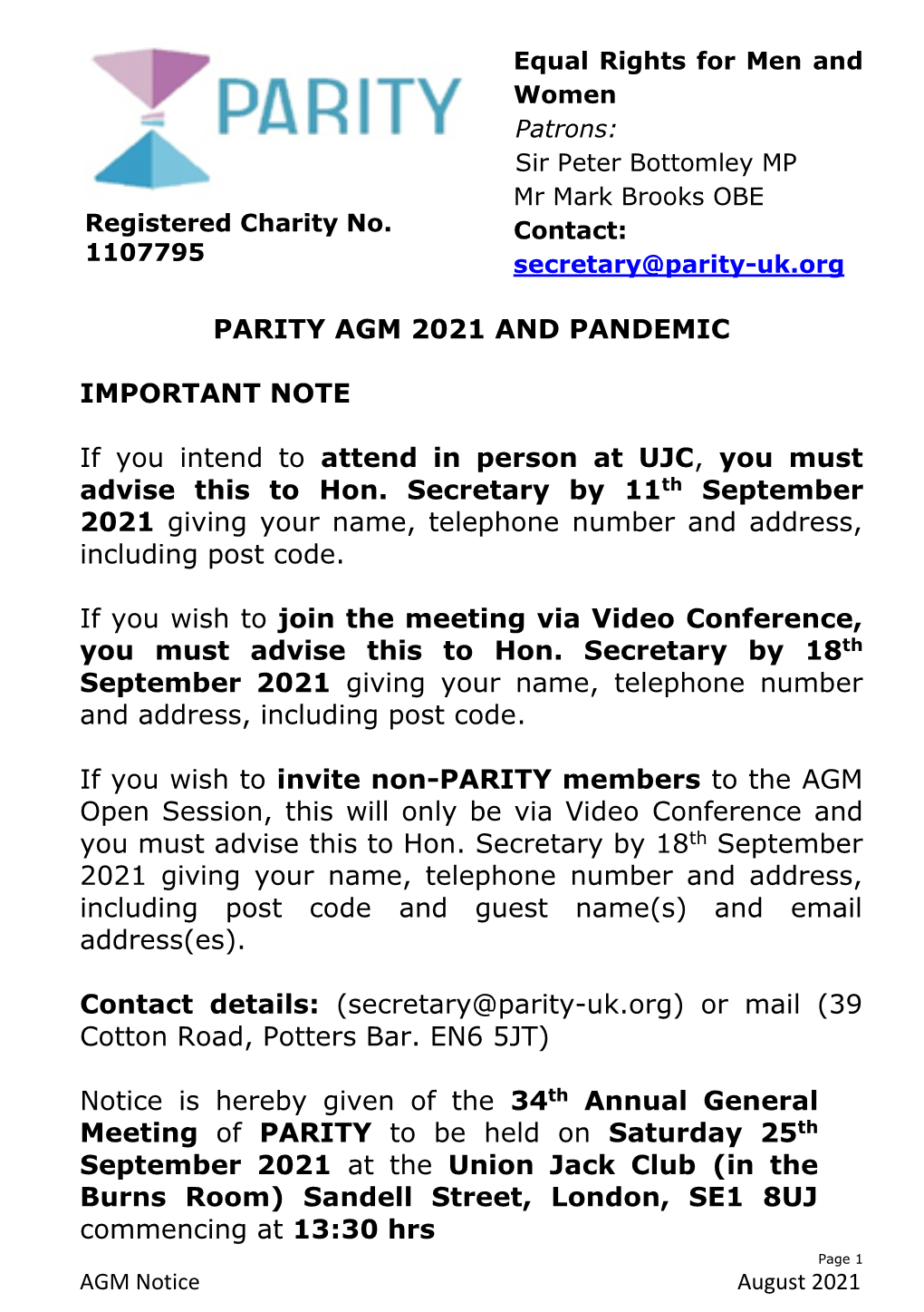 AGM Notice August 2021 PROGRAMME of MEETINGS