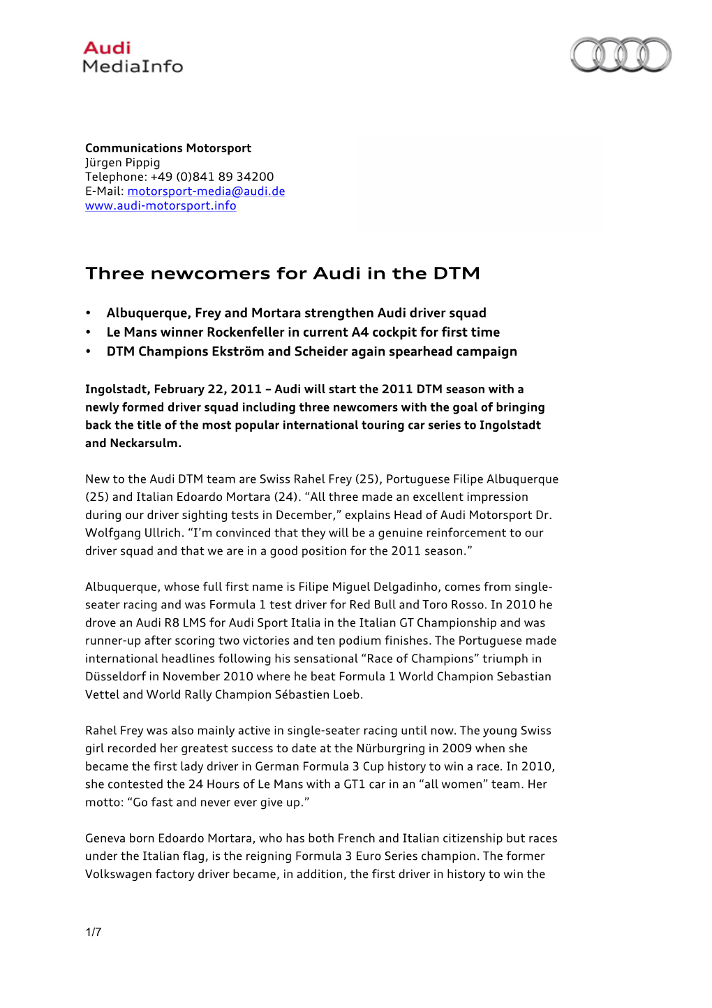Three Newcomers for Audi in the DTM