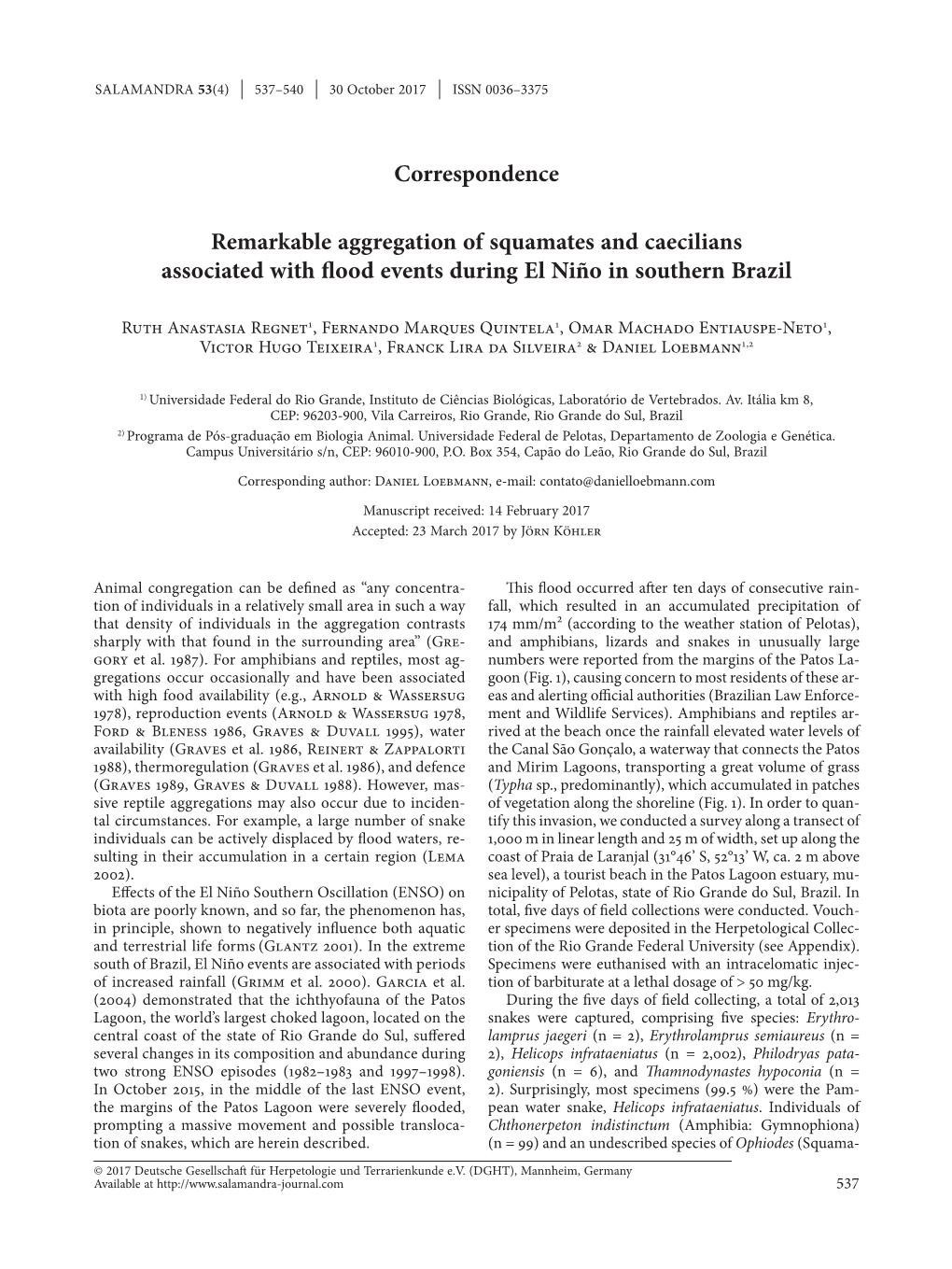 Remarkable Aggregation of Squamates and Caecilians Associated with Flood Events During El Niño in Southern Brazil