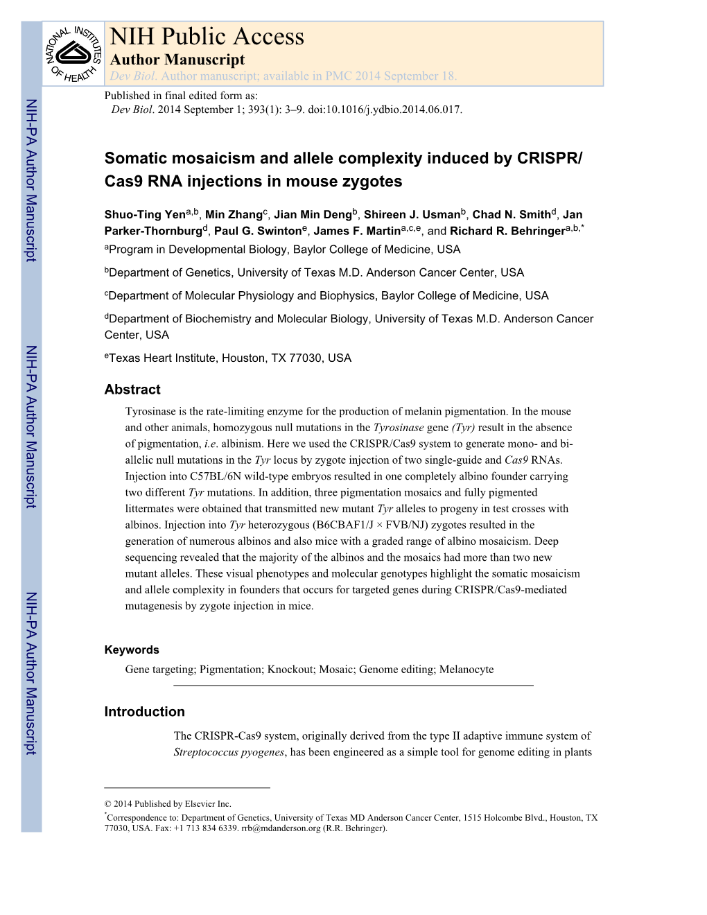 NIH Public Access Author Manuscript Dev Biol