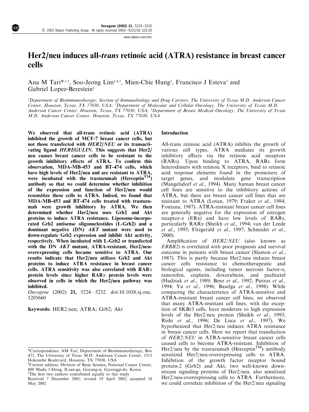 Her2/Neu Induces All-Trans Retinoic Acid (ATRA) Resistance in Breast Cancer Cells