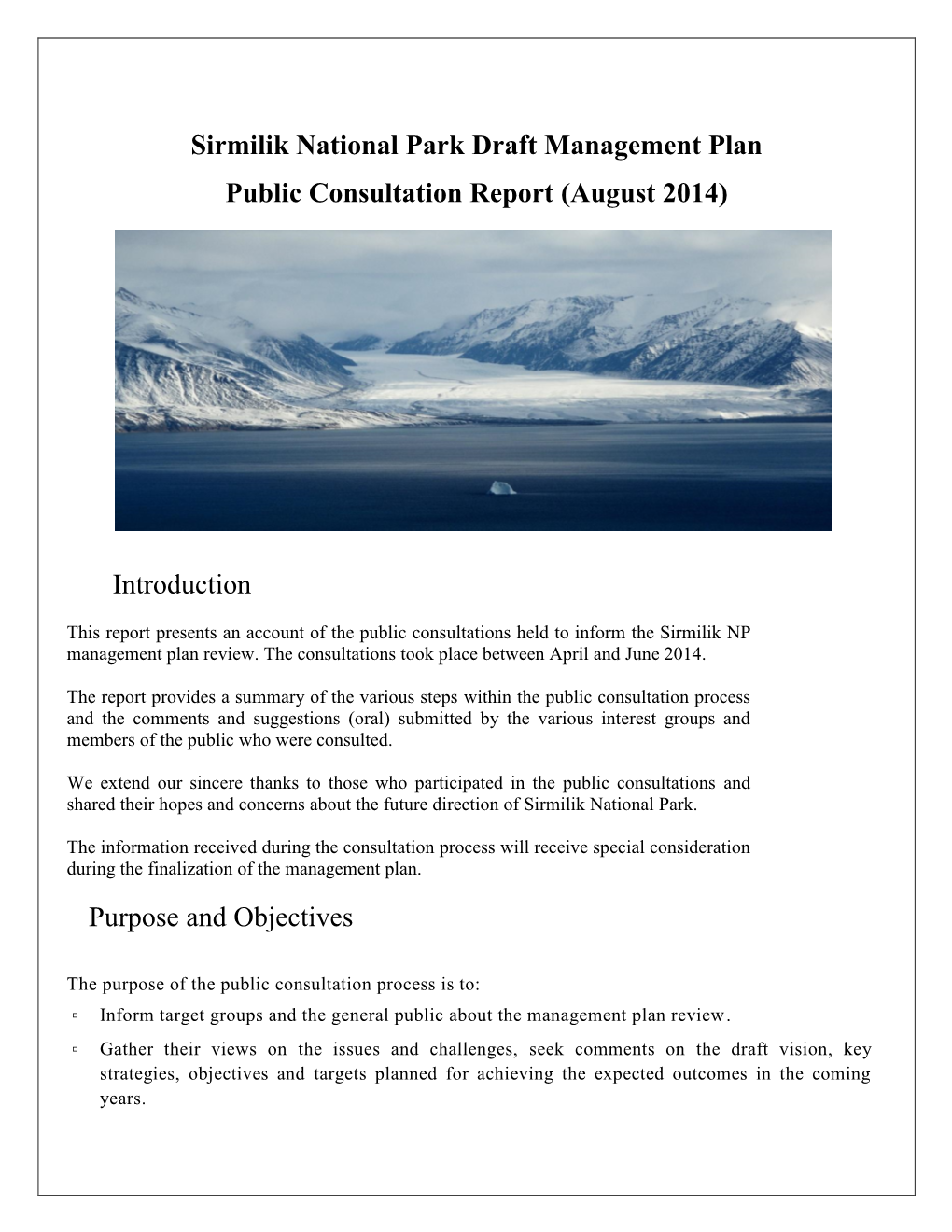 Sirmilik National Park Draft Management Plan Public Consultation Report (August 2014)