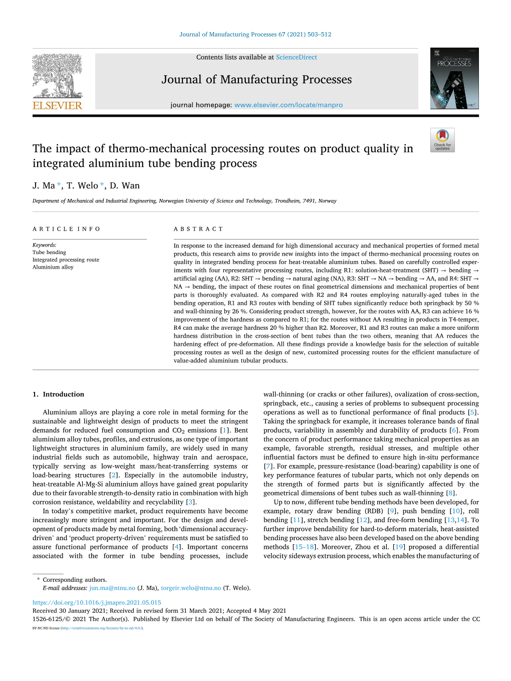 The Impact of Thermo-Mechanical Processing Routes on Product Quality in Integrated Aluminium Tube Bending Process