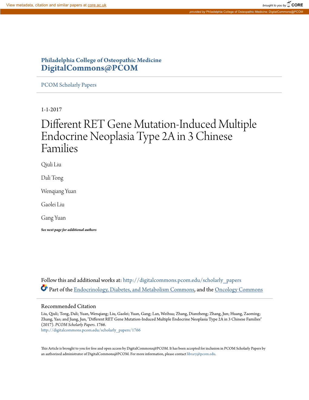 Different RET Gene Mutation-Induced Multiple Endocrine Neoplasia Type 2A in 3 Chinese Families Qiuli Liu