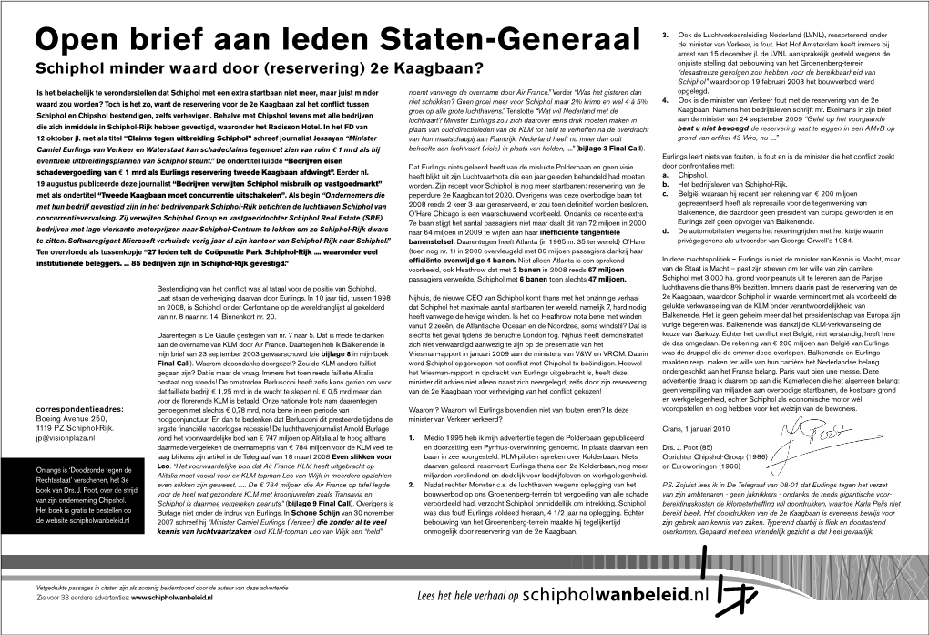 Open Brief Aan Leden Staten-Generaal De Minister Van Verkeer, Is Fout