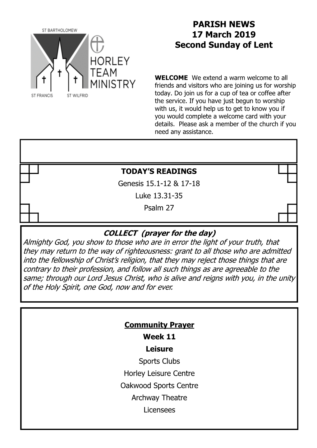 PARISH NEWS 17 March 2019 Second Sunday of Lent