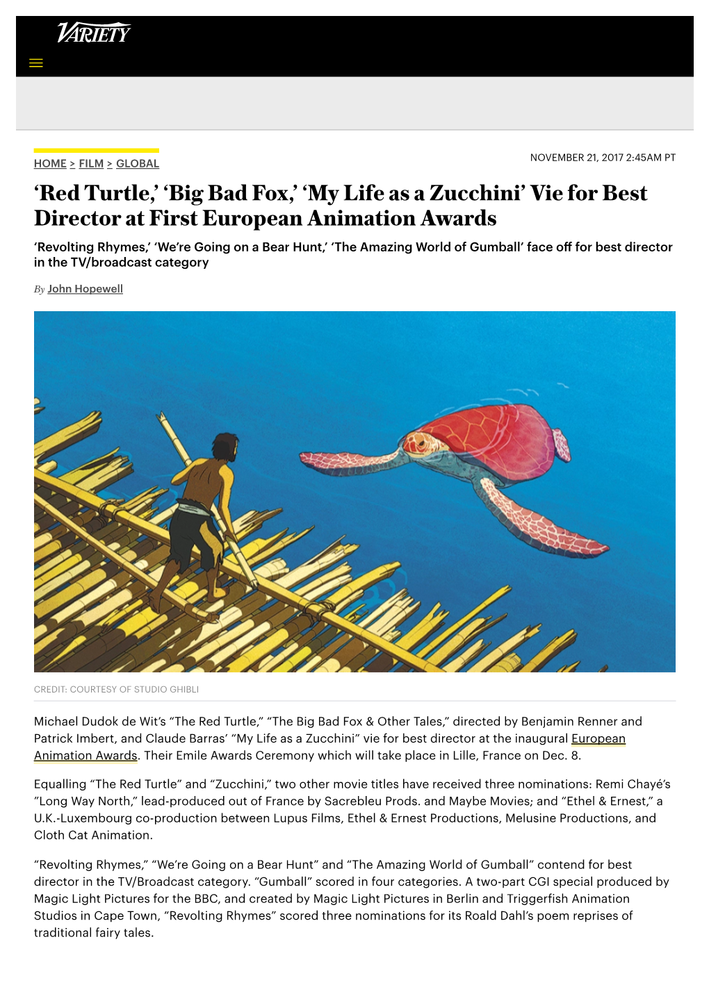 'Red Turtle,' 'Big Bad Fox,' 'My Life As a Zucchini'