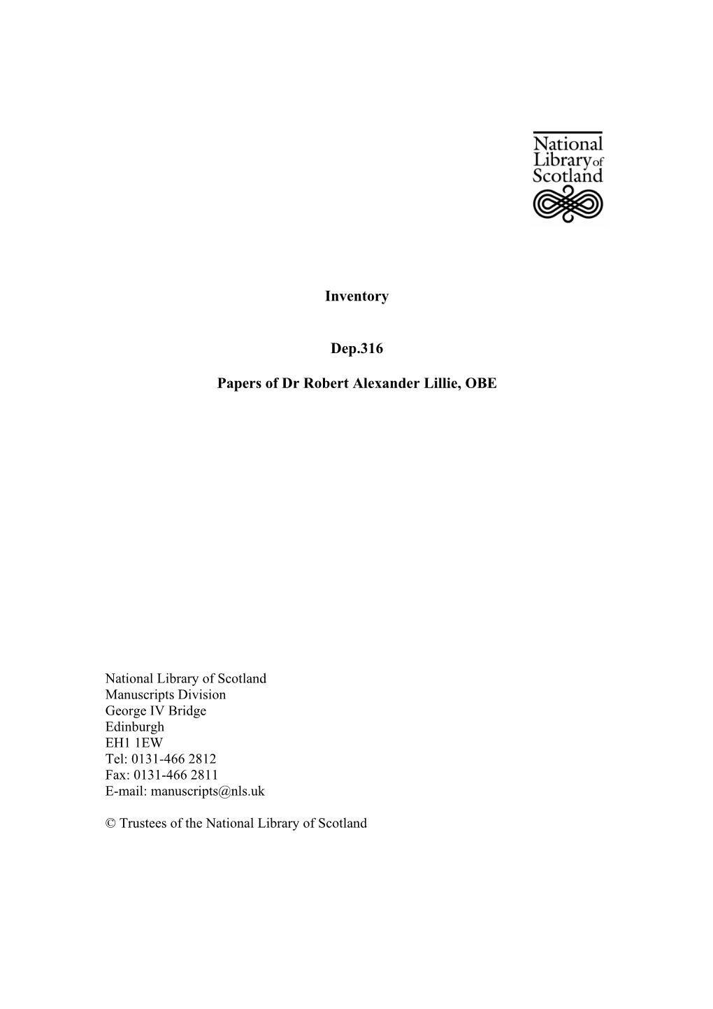 Inventory Dep.316 Papers of Dr Robert Alexander Lillie