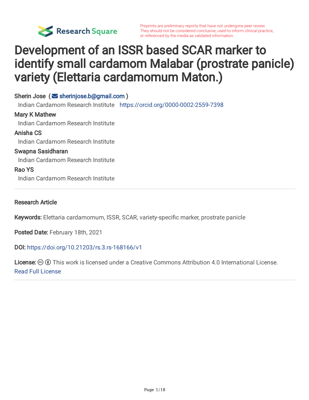 Development of an ISSR Based SCAR Marker to Identify Small Cardamom Malabar (Prostrate Panicle) Variety (Elettaria Cardamomum Maton.)