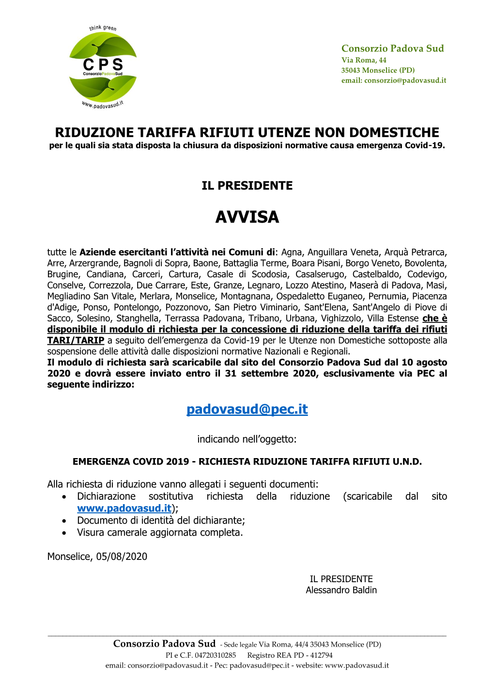 RIDUZIONE TARIFFA RIFIUTI UTENZE NON DOMESTICHE Per Le Quali Sia Stata Disposta La Chiusura Da Disposizioni Normative Causa Emergenza Covid-19