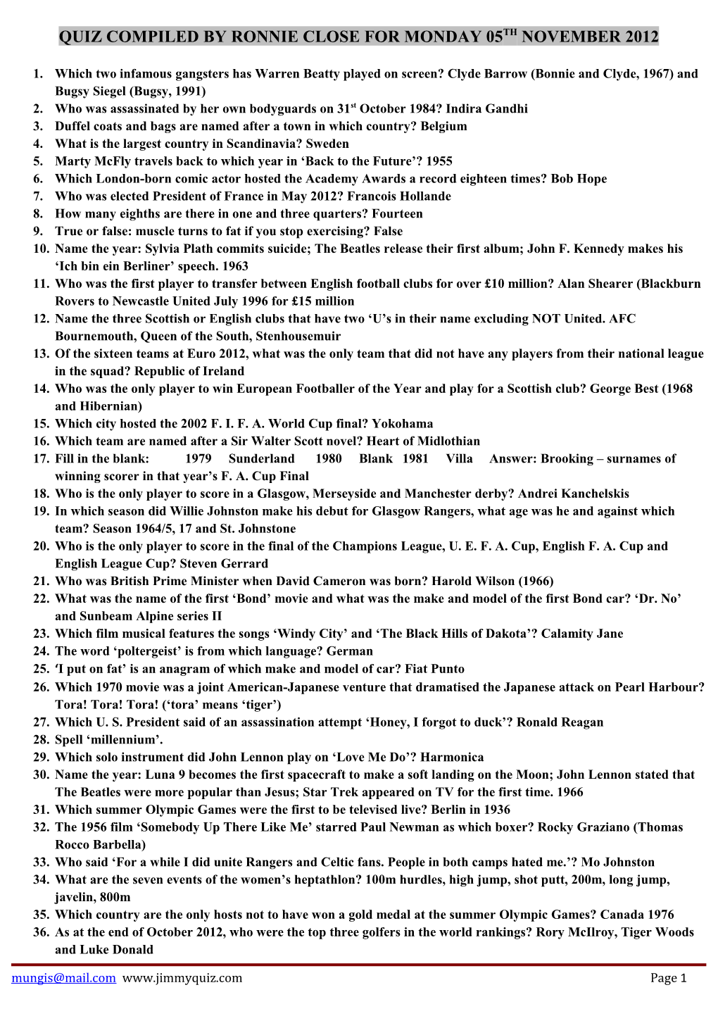 Quiz Compiled by Ronnie Close for Monday 05Th November 2012