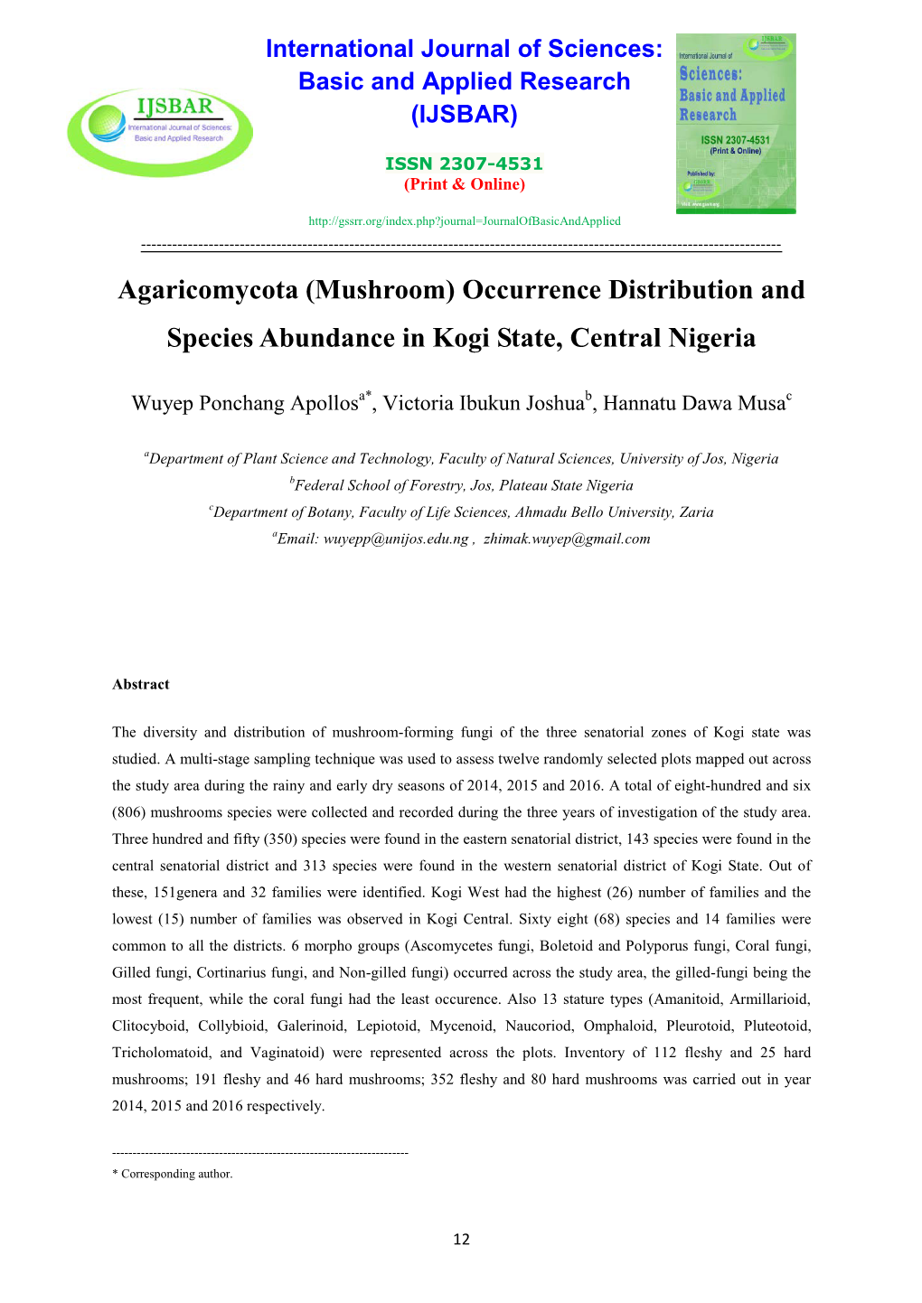 (Mushroom) Occurrence Distribution and Species Abundance in Kogi State, Central Nigeria