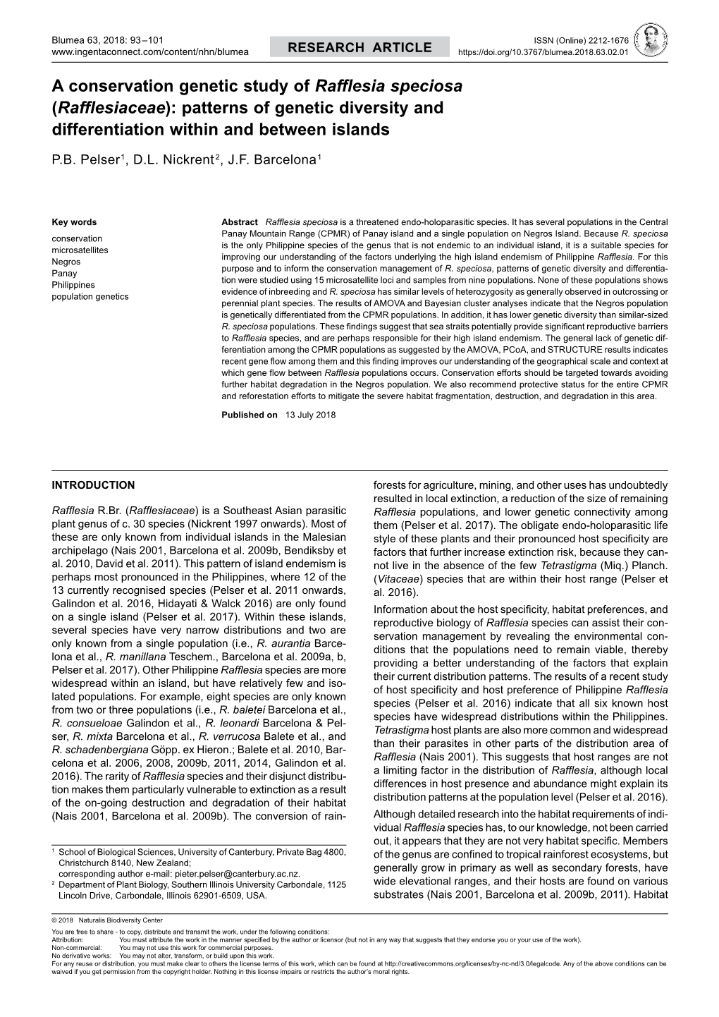 A Conservation Genetic Study of Rafflesia Speciosa (Rafflesiaceae): Patterns of Genetic Diversity and Differentiation Within and Between Islands