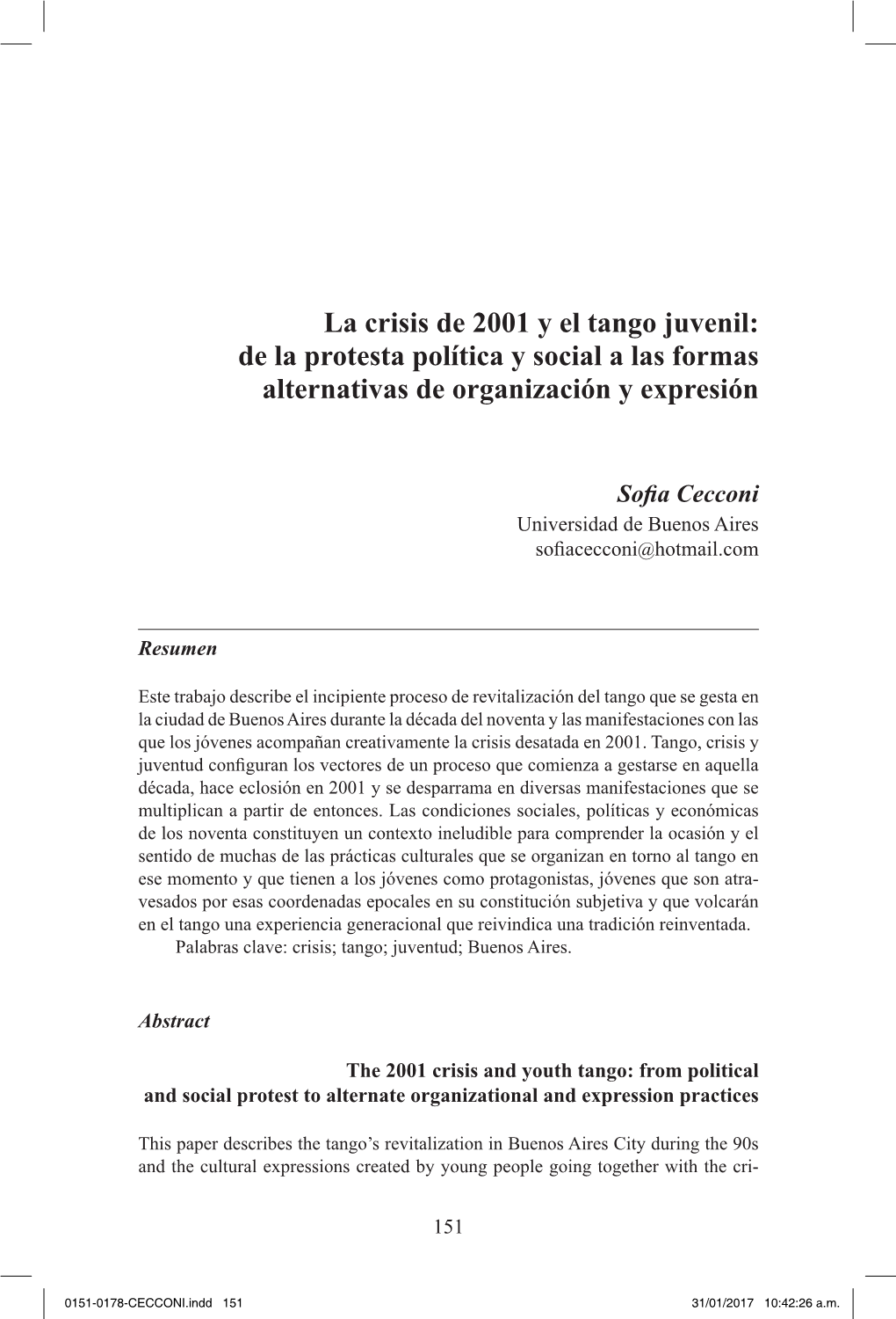 La Crisis De 2001 Y El Tango Juvenil: De La Protesta Política Y Social a Las Formas Alternativas De Organización Y Expresión