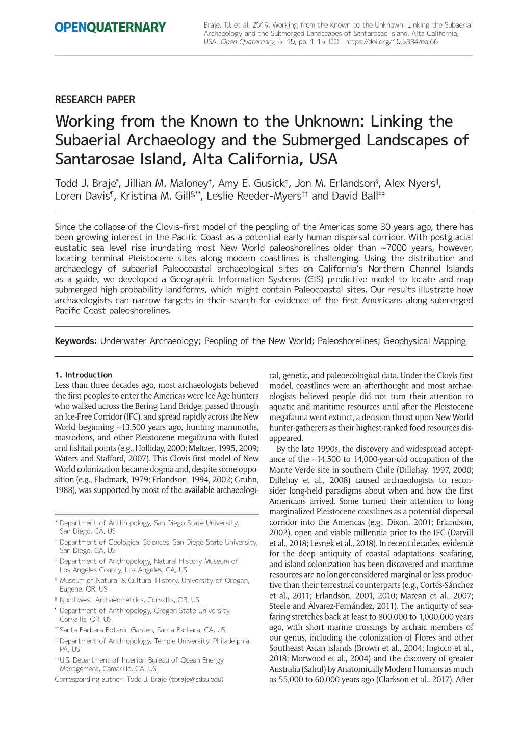 Working from the Known to the Unknown: Linking the Subaerial Archaeology and the Submerged Landscapes of Santarosae Island, Alta California, USA