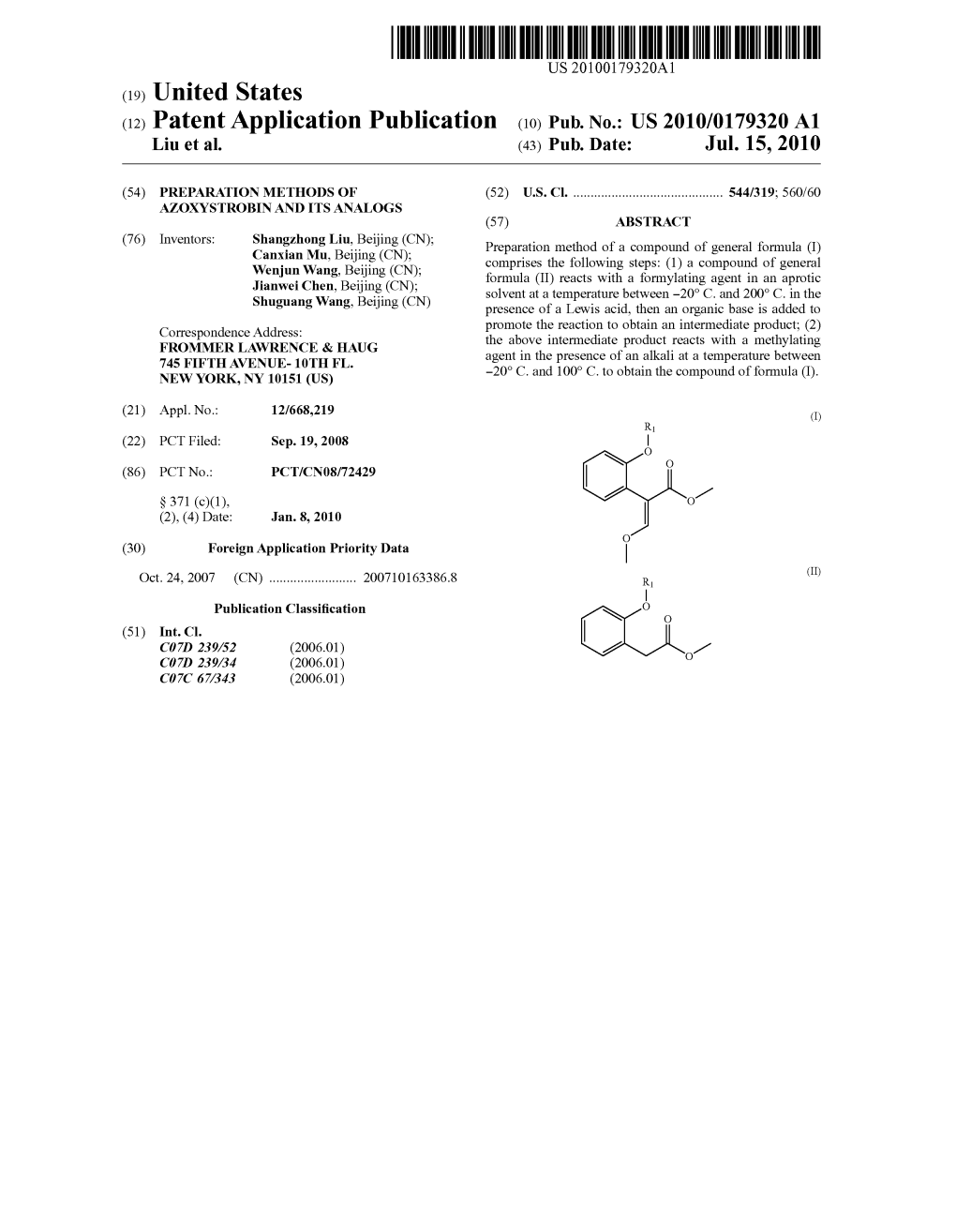 (12) Patent Application Publication (10) Pub. No.: US 2010/0179320 A1 Liu Et Al