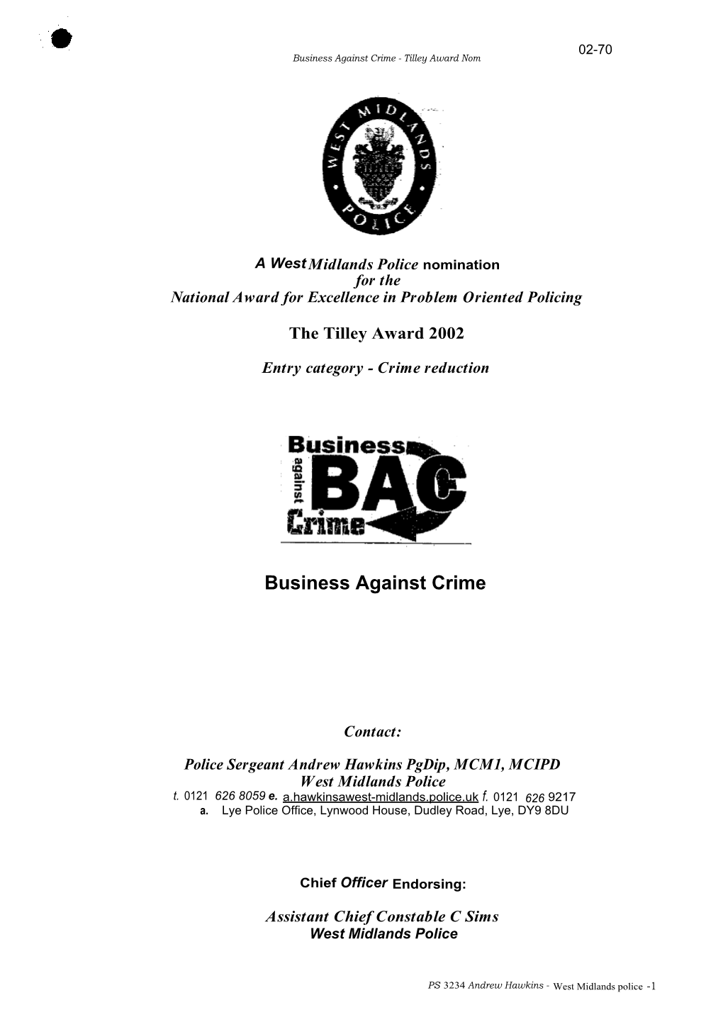 Business Against Crime - Tilley Award Nom