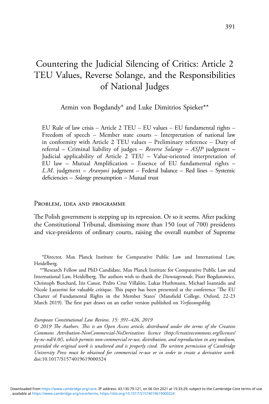 Countering the Judicial Silencing of Critics: Article 2 TEU Values, Reverse Solange, and the Responsibilities of National Judges