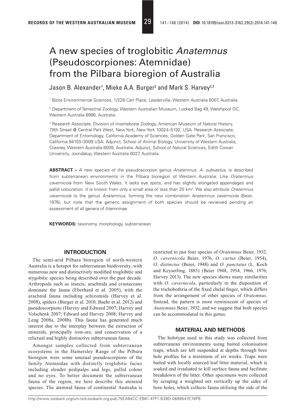 A New Species of Troglobitic Anatemnus (Pseudoscorpiones: Atemnidae) from the Pilbara Bioregion of Australia Jason B