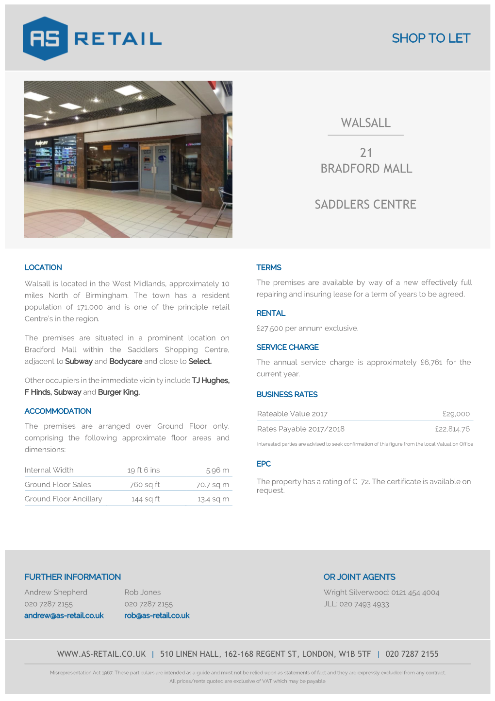 Shop to Let Walsall 21 Bradford Mall Saddlers