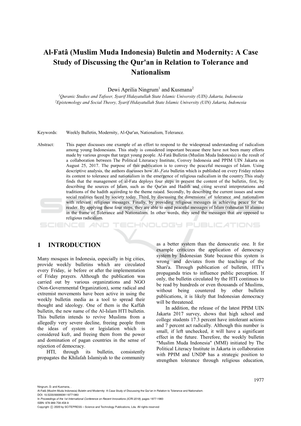 Al-Fatâ (Muslim Muda Indonesia) Buletin and Modernity: a Case Study of Discussing the Qur'an in Relation to Tolerance and Nationalism