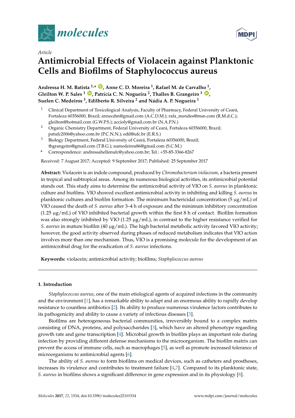 Antimicrobial Effects of Violacein Against Planktonic Cells and Bioﬁlms of Staphylococcus Aureus