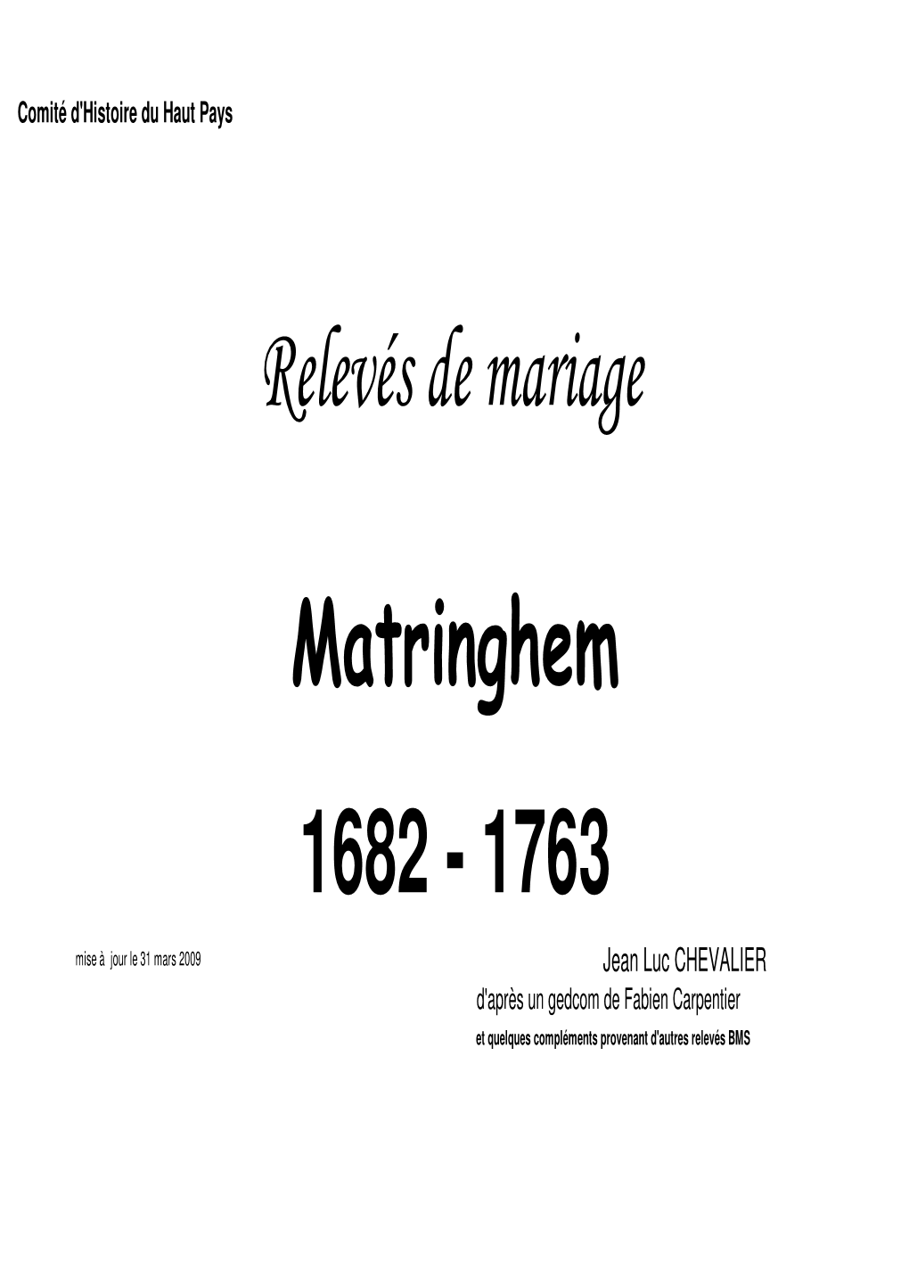 Relevés De Mariage Matringhem 1682