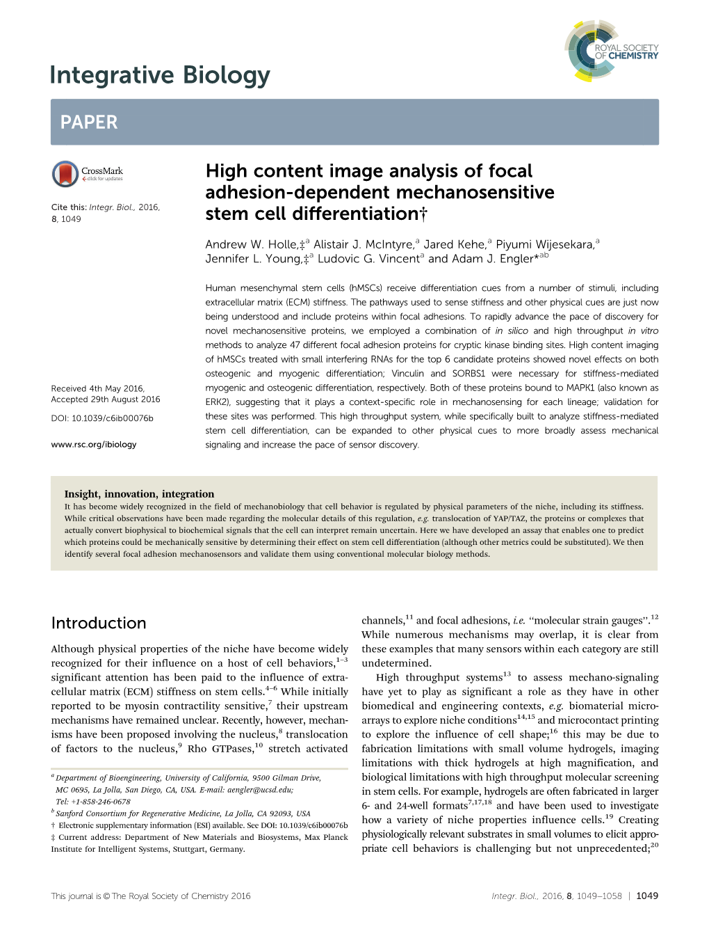 High Content Image Analysis of Focal Adhesion-Dependent Mechanosensitive Cite This: Integr