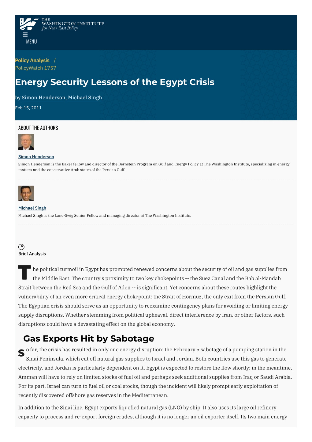 Energy Security Lessons of the Egypt Crisis | the Washington Institute