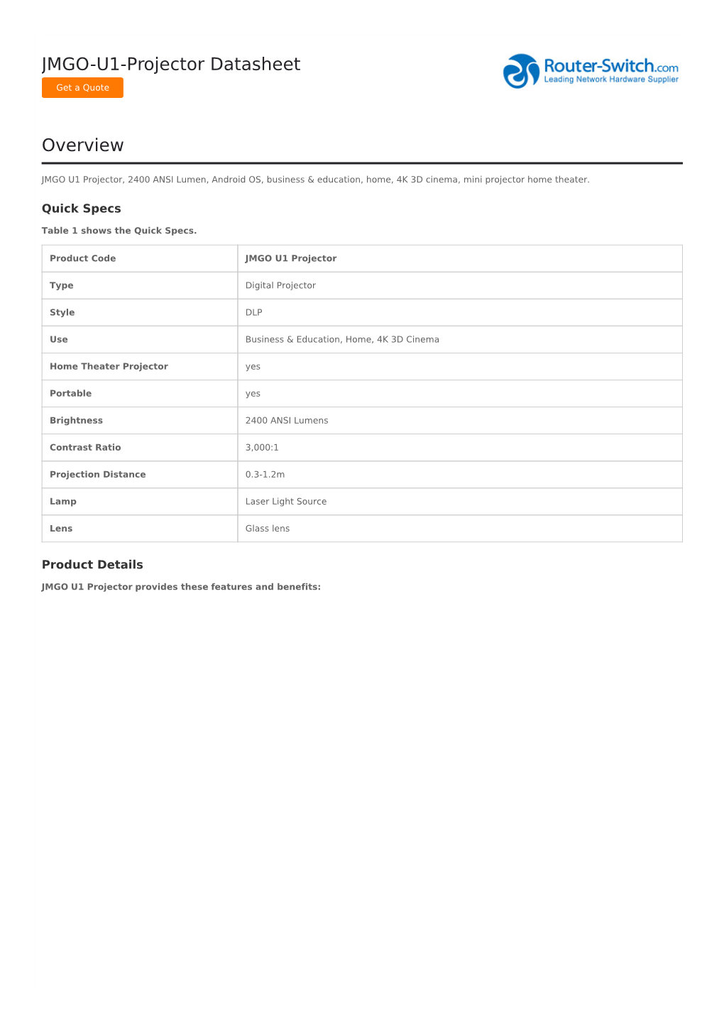 JMGO-U1-Projector Datasheet Overview