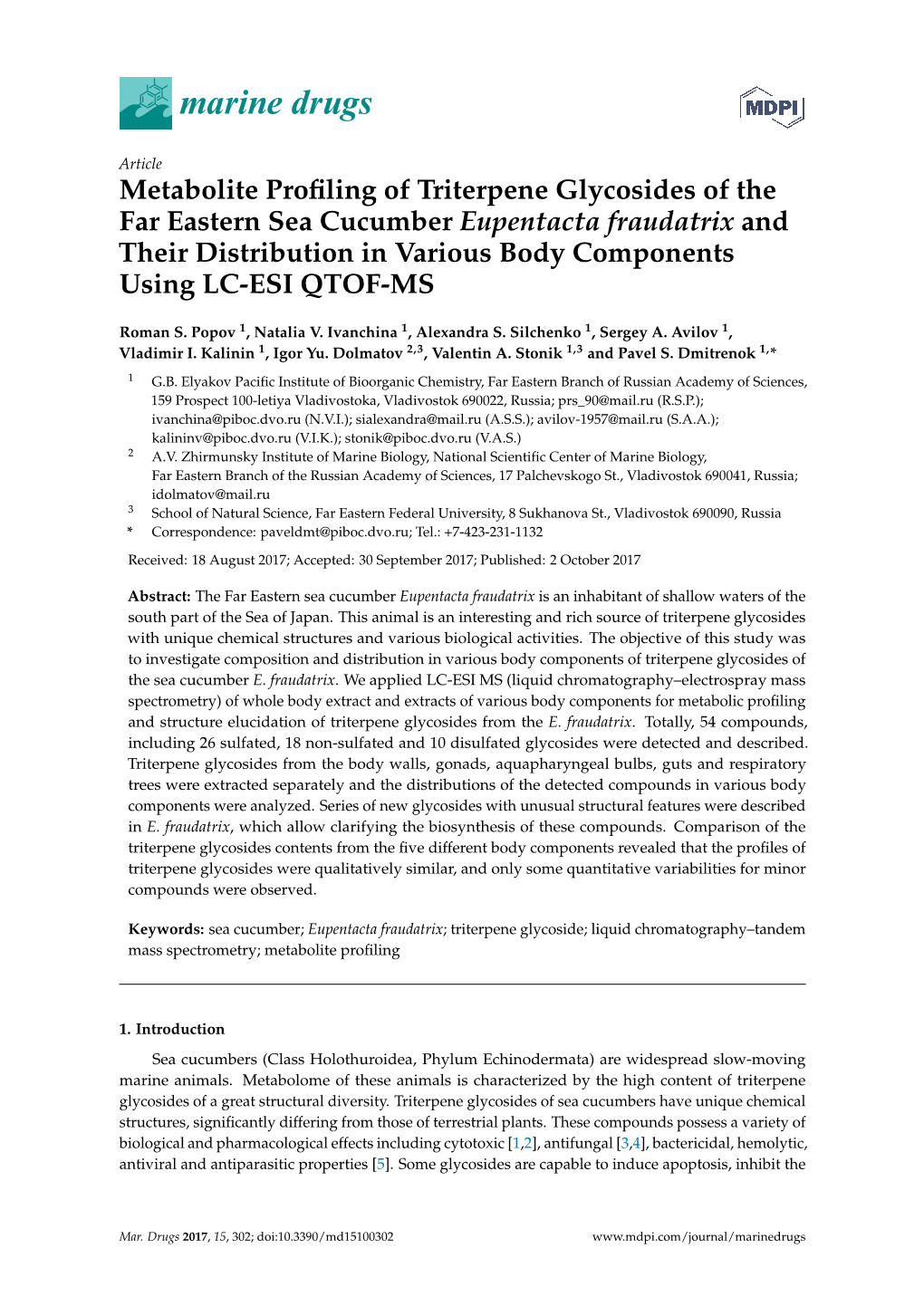 Metabolite Profiling of Triterpene Glycosides of the Far Eastern Sea