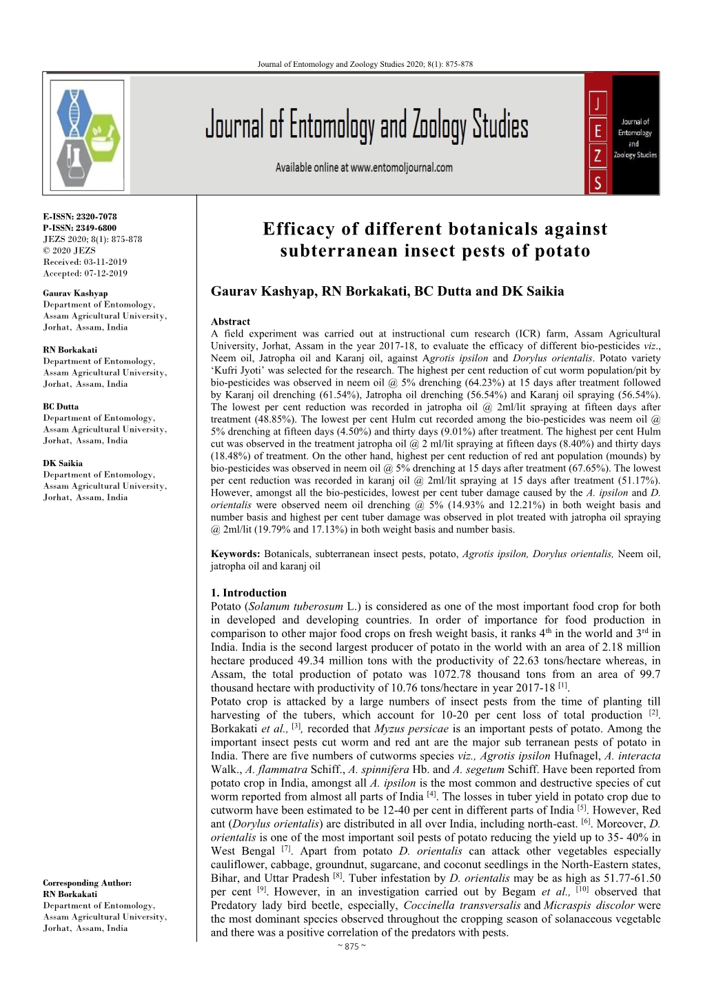 Efficacy of Different Botanicals Against Subterranean Insect Pests of Potato