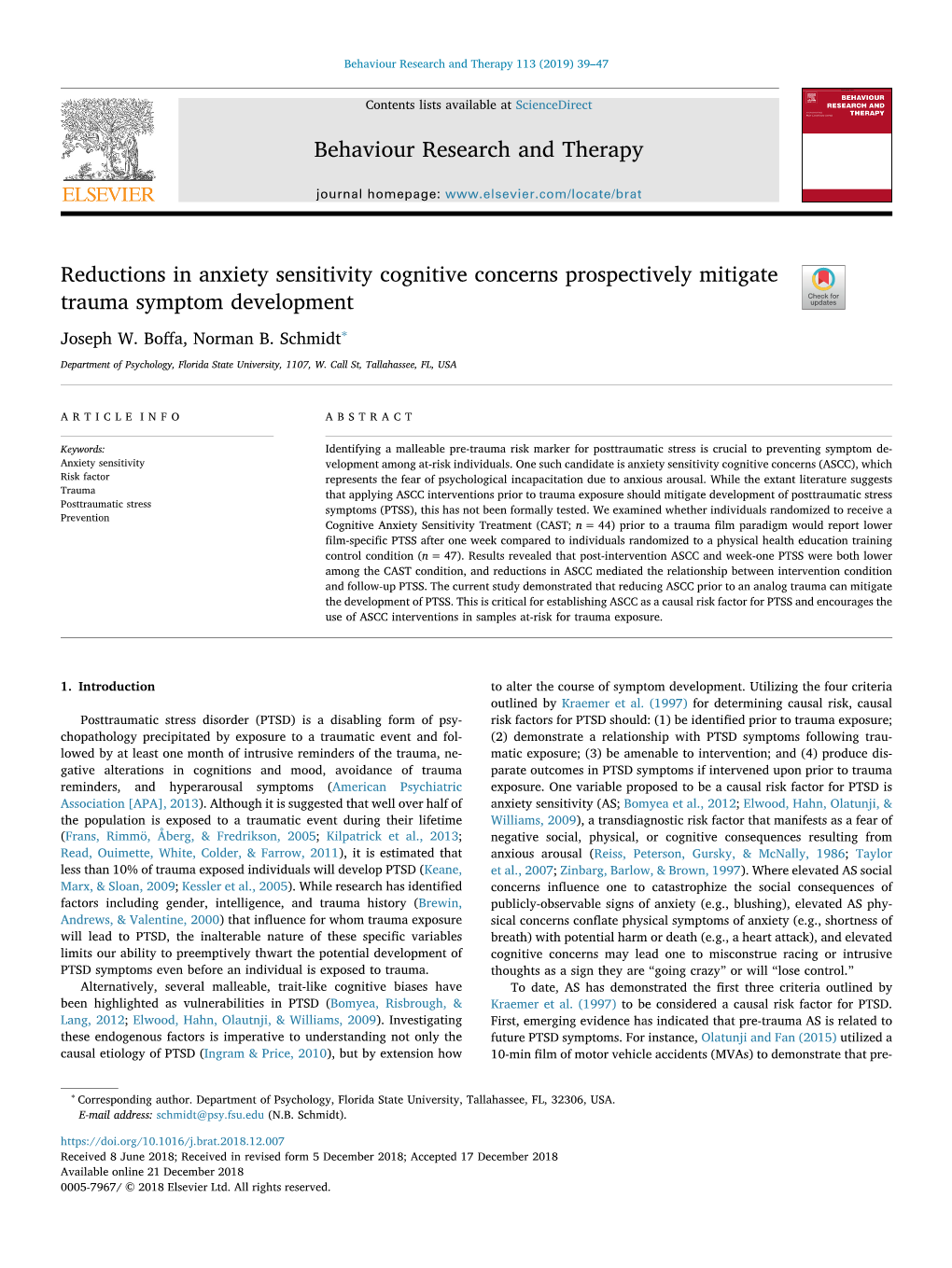 Reductions in Anxiety Sensitivity Cognitive Concerns Prospectively Mitigate Trauma Symptom Development T