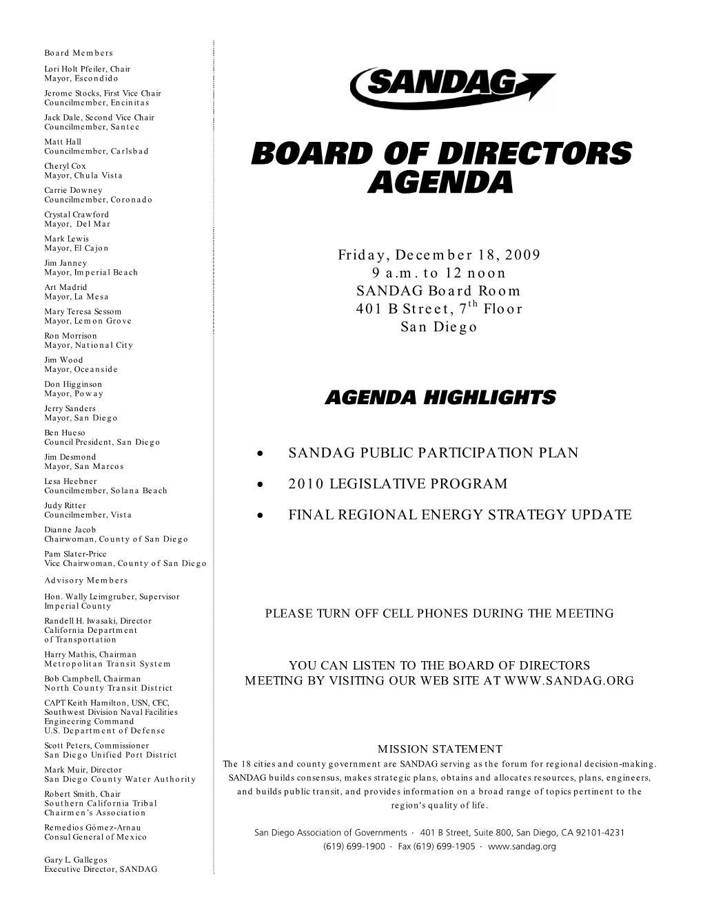 Meeting Agenda for December 18, 2009