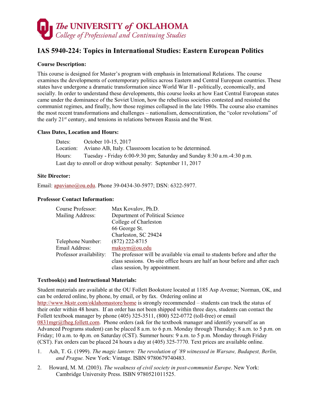 IAS 5940-224: Topics in International Studies: Eastern European Politics