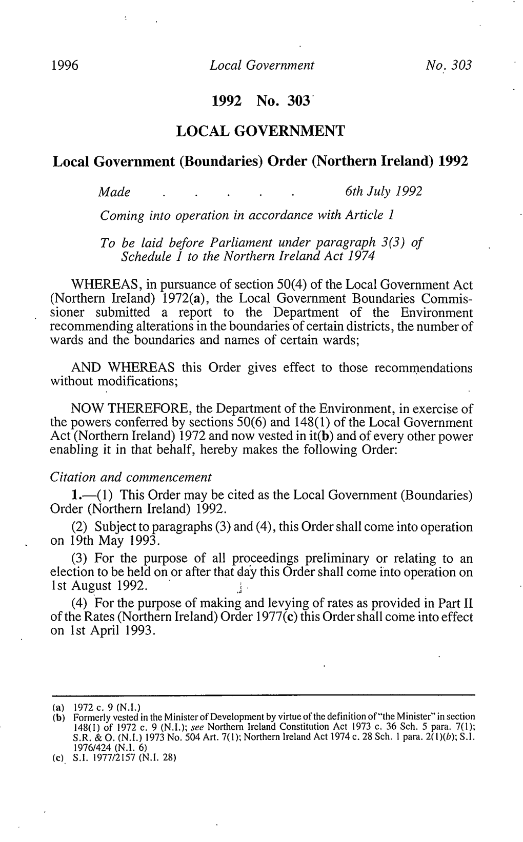 (Boundaries) Order (Northern Ireland) 1992