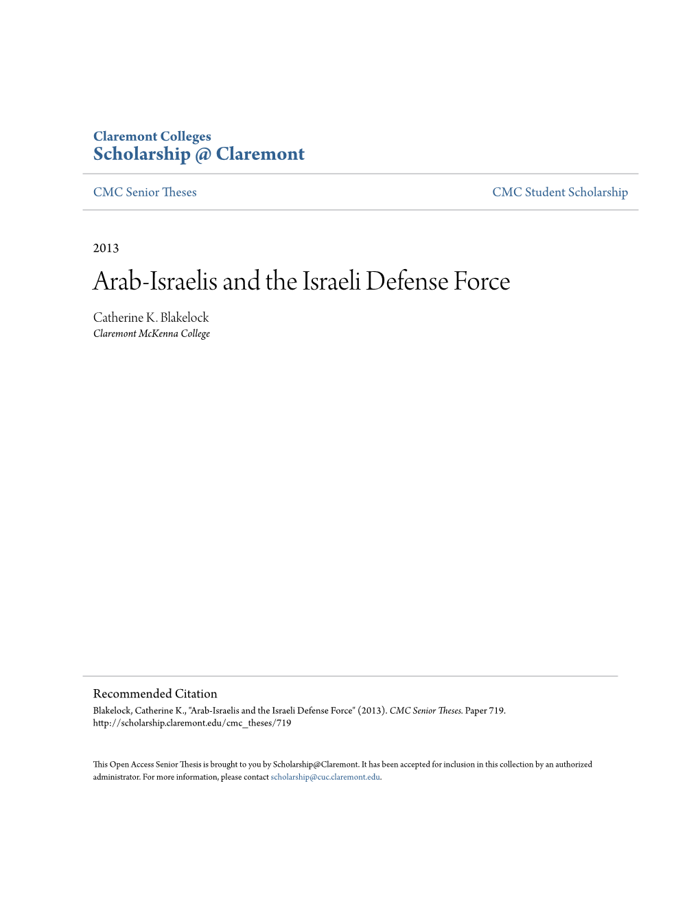 Arab-Israelis and the Israeli Defense Force Catherine K