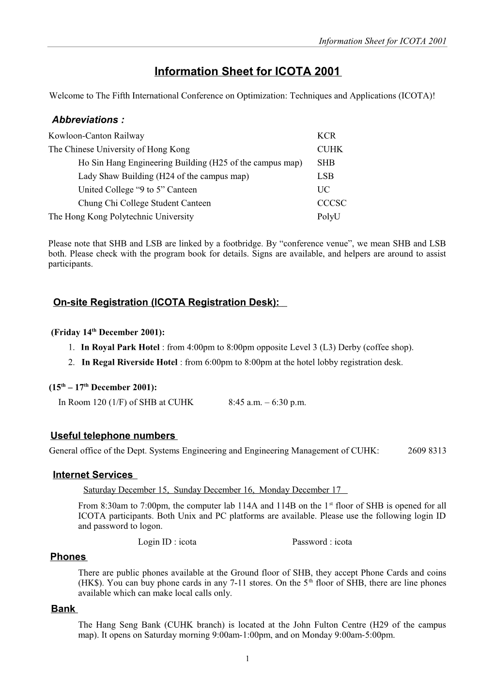 Information Sheet for ICOTA2001