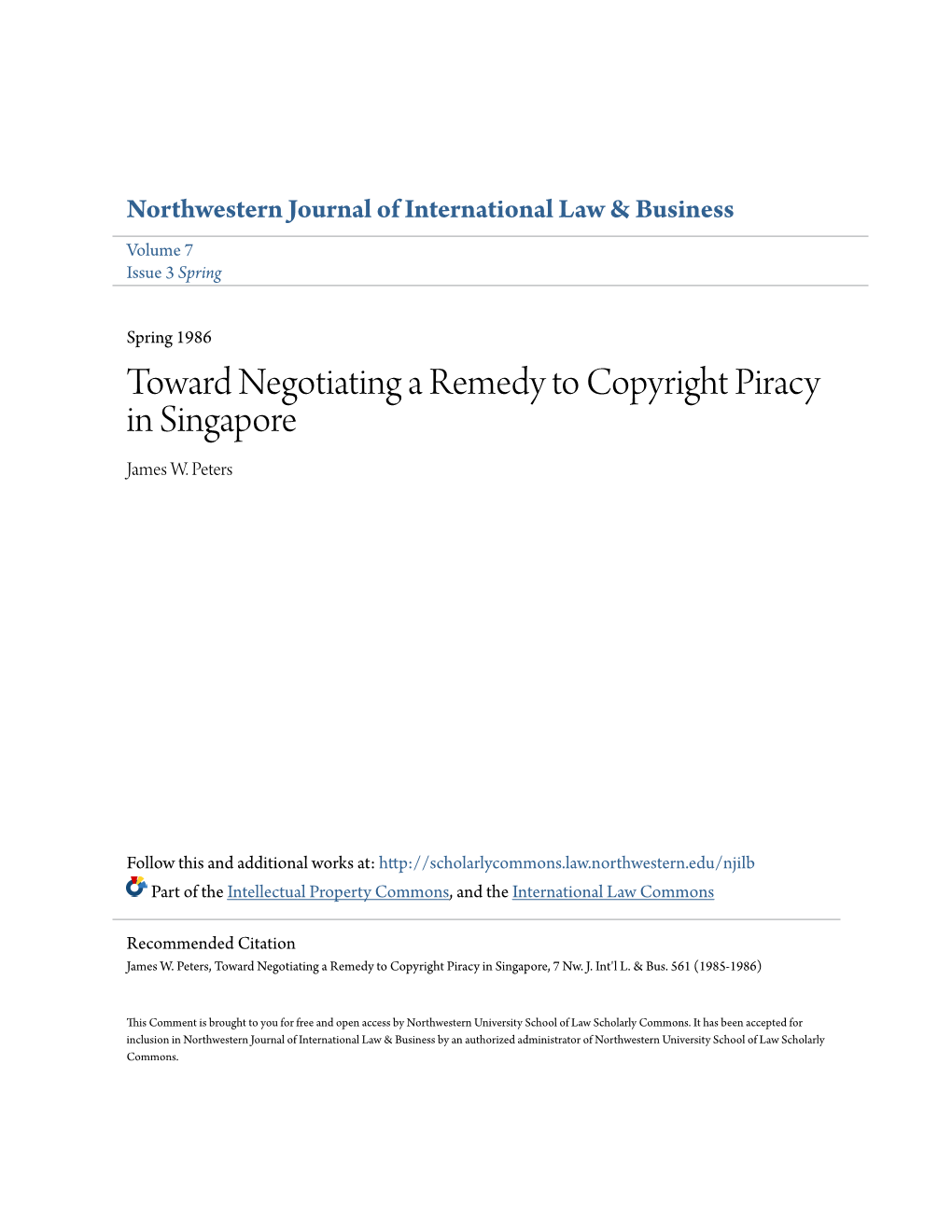 Toward Negotiating a Remedy to Copyright Piracy in Singapore James W