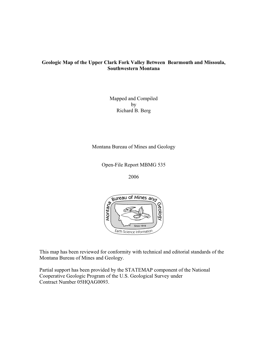 Geologic Map of the Upper Clark Fork Valley Between Bearmouth and Missoula, Southwestern Montana Mapped and Compiled by Richa